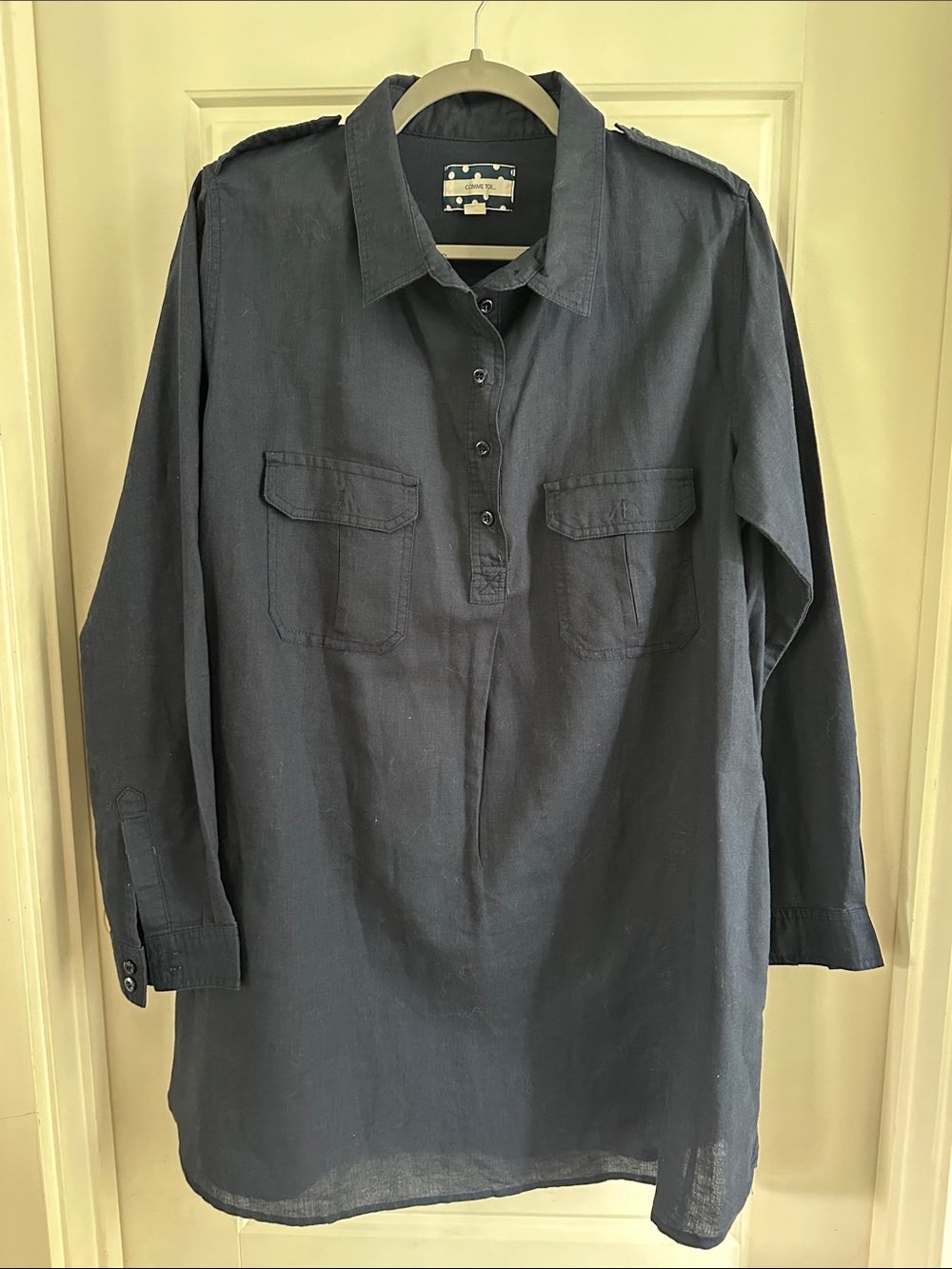 Navy Long-Sleeve Shirt Dress with Chest Pockets